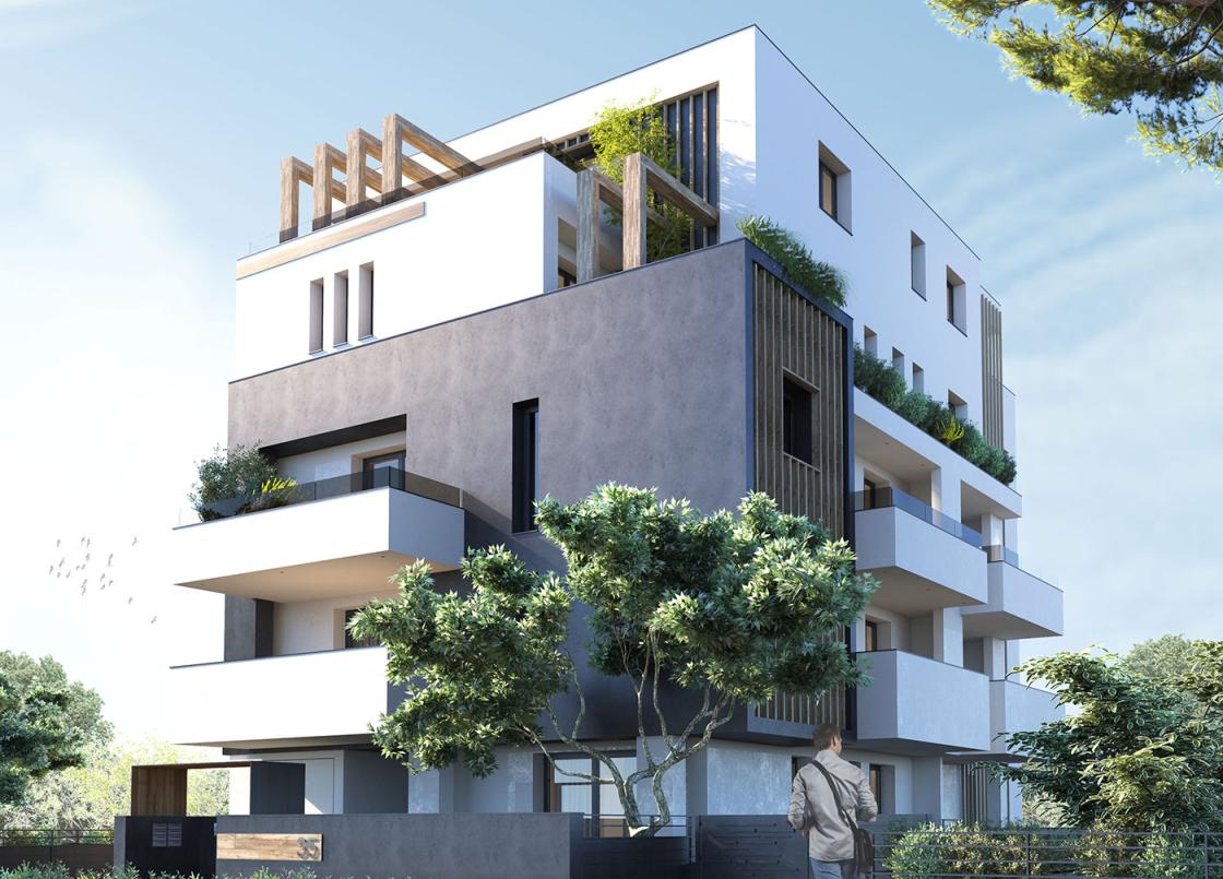 Moderno edificio residenziale con balconi e verde, design elegante e minimalista.